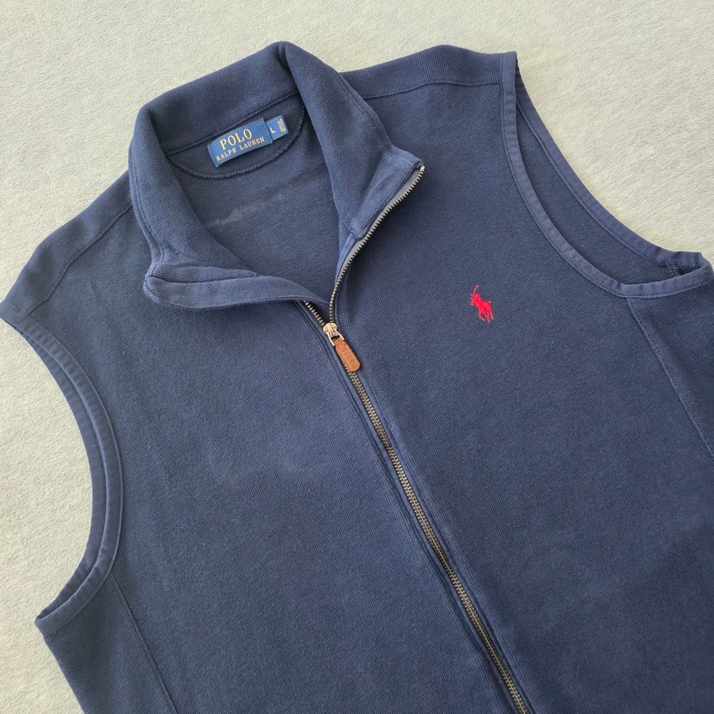 Polo Ralph Lauren Mens Navy Blue 100% Cotton Full Zip Knit Vest Large Red Pony